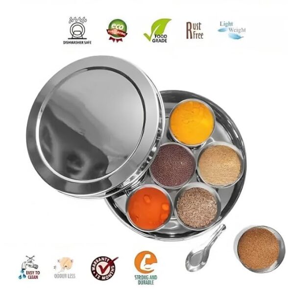 Mumma’s LIFE stainless steel masala box with glass lid”2. “Transparent lid spice box organizer”3. “7-compartment glass top masala dabba”4. “Rust-proof kitchen masala box viewable lid”5. “Food-grade steel masala container with spoon