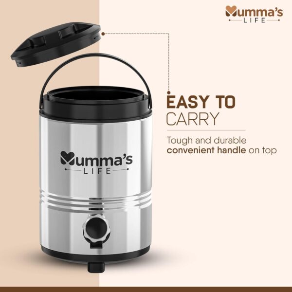 1. “Insulated steel water jug with tap – Mumma’s LIFE”2. “Hot & cold beverage jug stainless steel 3L”3. “Portable thermosteel jug with handle”4. “Stainless steel water carrier for outdoors”5. “Large capacity 3L insulated water jug”