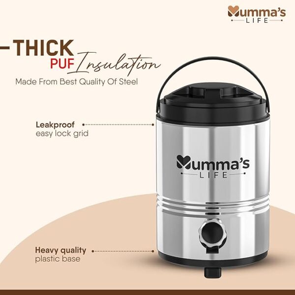 1. “Insulated steel water jug with tap – Mumma’s LIFE”2. “Hot & cold beverage jug stainless steel 3L”3. “Portable thermosteel jug with handle”4. “Stainless steel water carrier for outdoors”5. “Large capacity 3L insulated water jug”