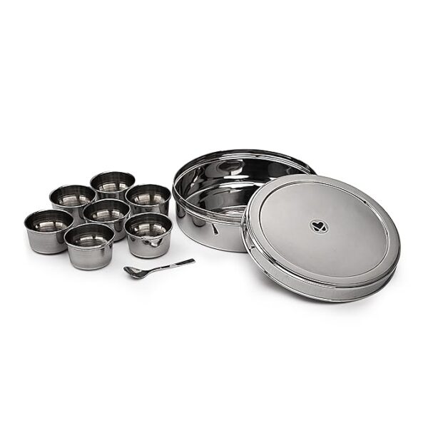 Mumma’s LIFE stainless steel masala box with glass lid”2. “Transparent lid spice box organizer”3. “7-compartment glass top masala dabba”4. “Rust-proof kitchen masala box viewable lid”5. “Food-grade steel masala container with spoon