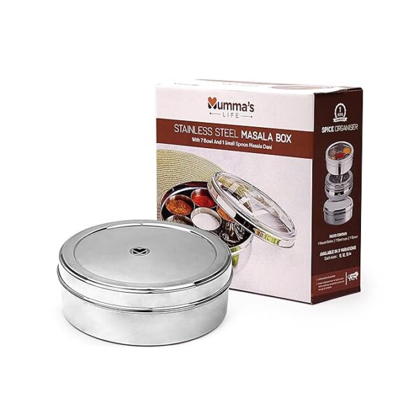 Mumma’s LIFE stainless steel masala box with glass lid”2. “Transparent lid spice box organizer”3. “7-compartment glass top masala dabba”4. “Rust-proof kitchen masala box viewable lid”5. “Food-grade steel masala container with spoon